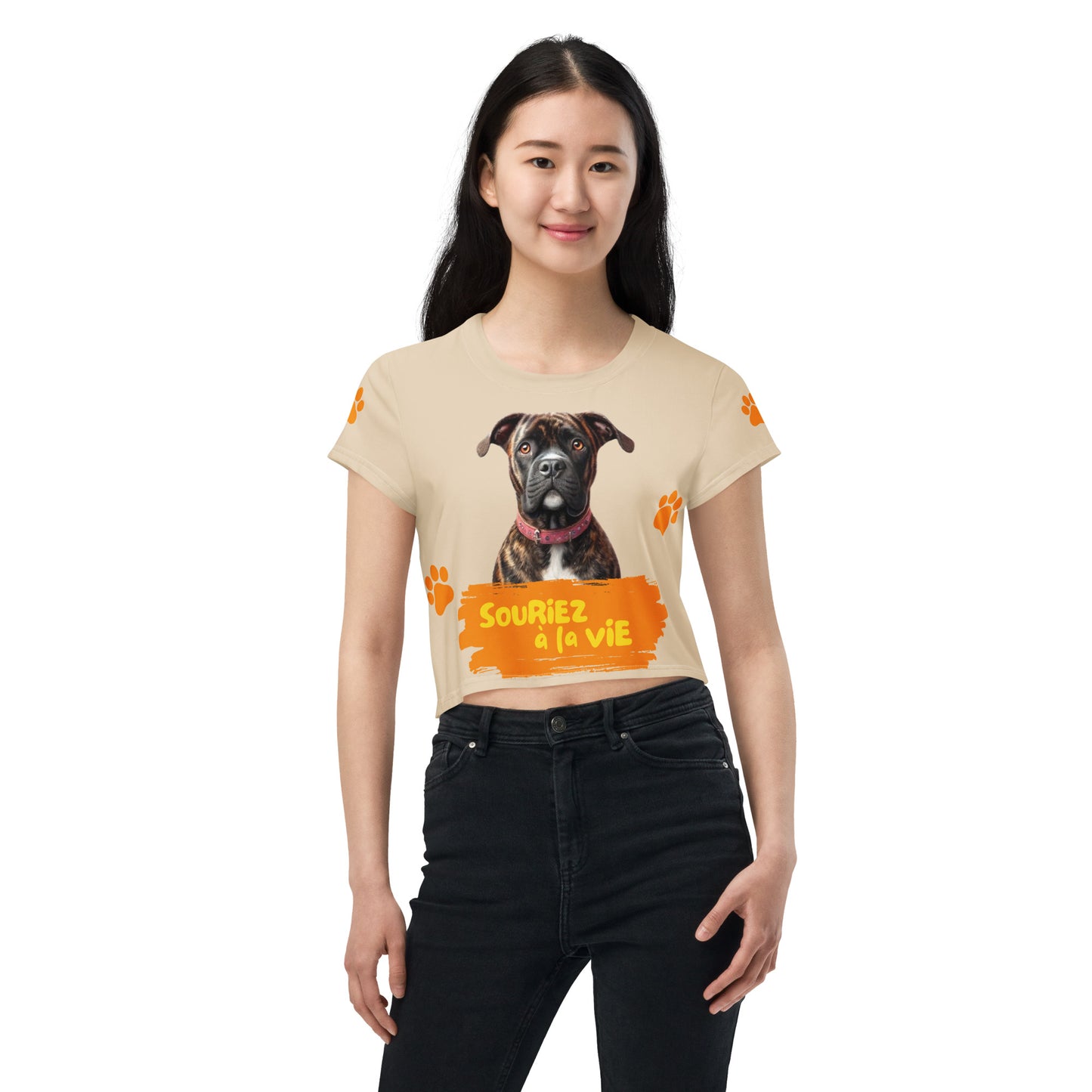 T-shirt Crop-Top lenox Souriez à la vie fond beige