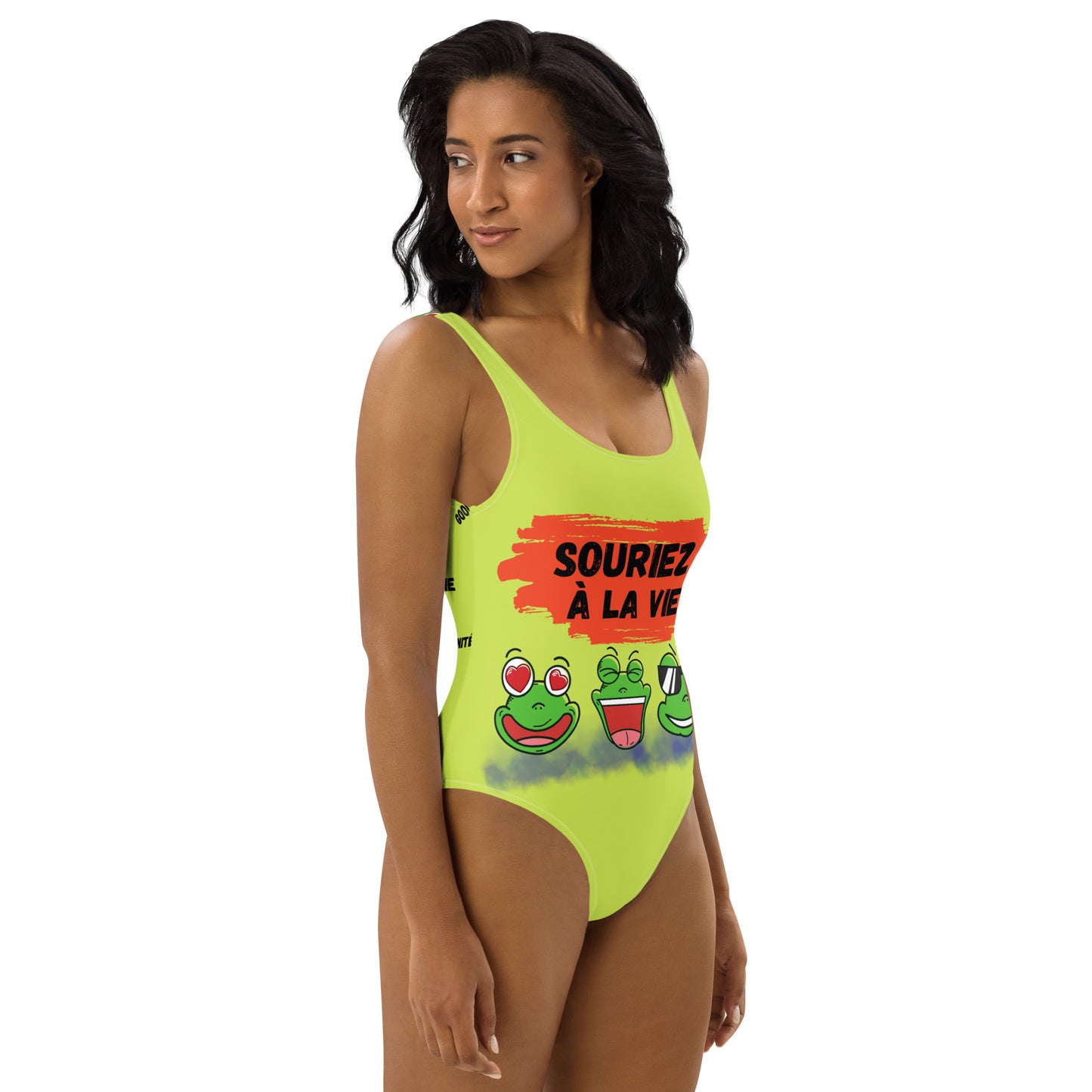 Maillot de Bain 1 Pièce "Souriez à la vie 3 grenouilles" fond vert anis