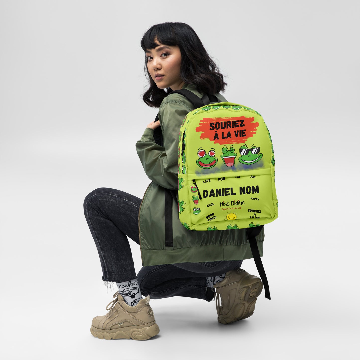 Sac à dos personnalisable " 3 grenouilles amusantes" Souriez à la vie