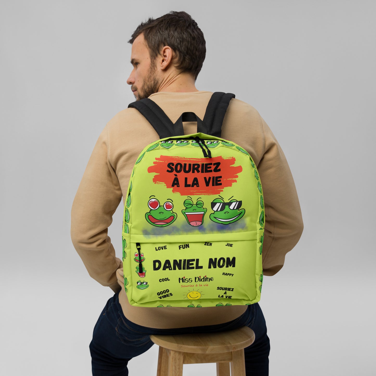 Sac à dos personnalisable " 3 grenouilles amusantes" Souriez à la vie