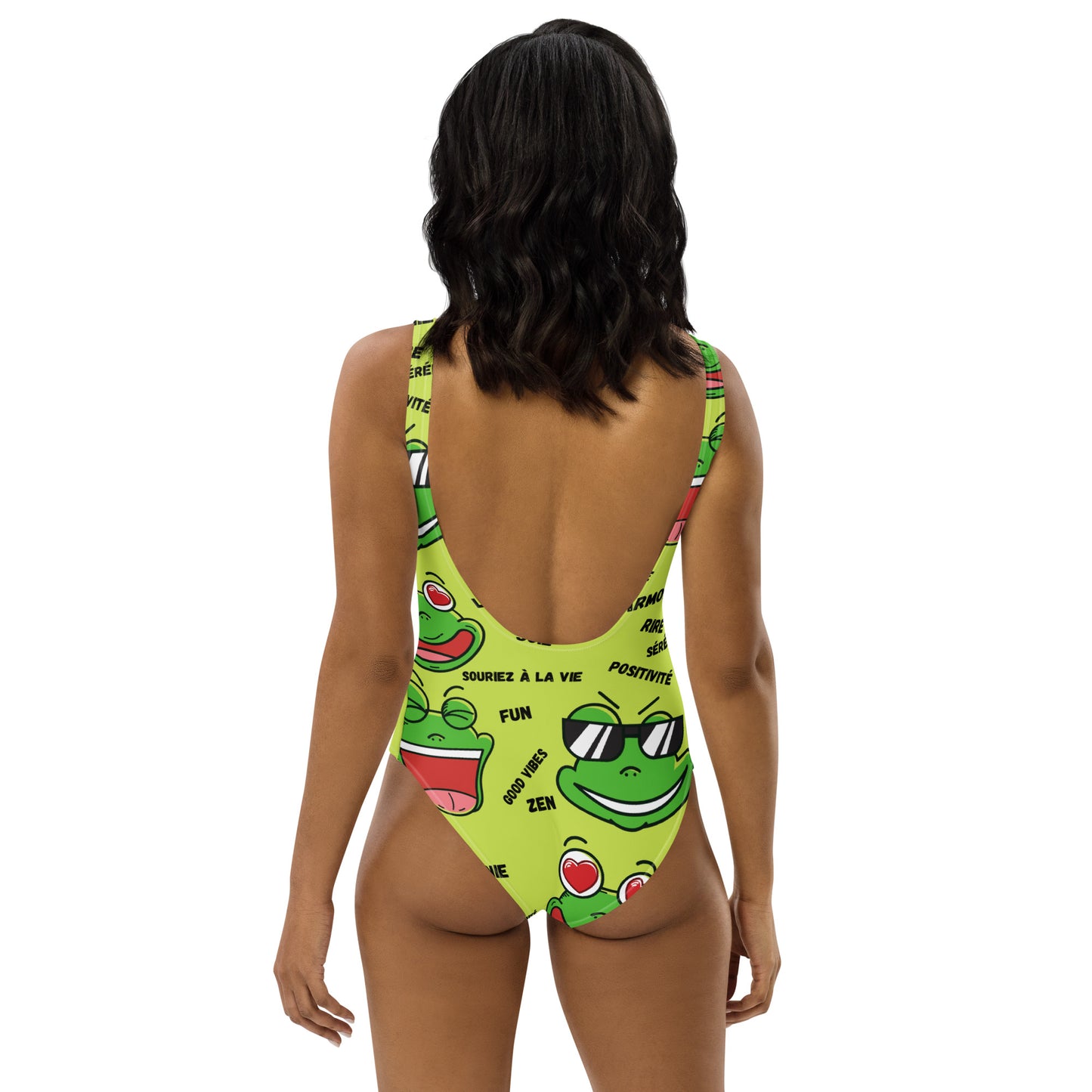 Maillot de Bain 1 Pièce "Souriez à la vie 3 grenouilles" fond vert anis