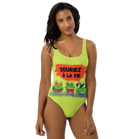 Maillot de Bain 1 Pièce "Souriez à la vie 3 grenouilles" fond vert anis