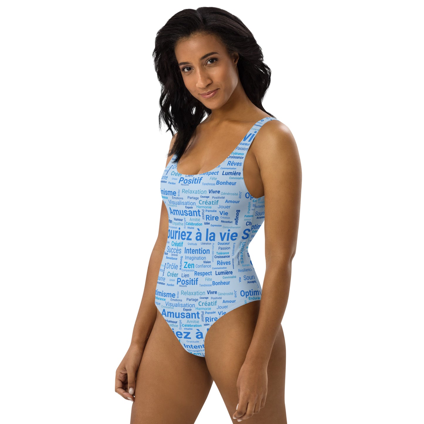 Maillot de Bain 1 Pièce "Souriez à la vie" Marque Miss Didine Souriez à la vie fond bleu pastel