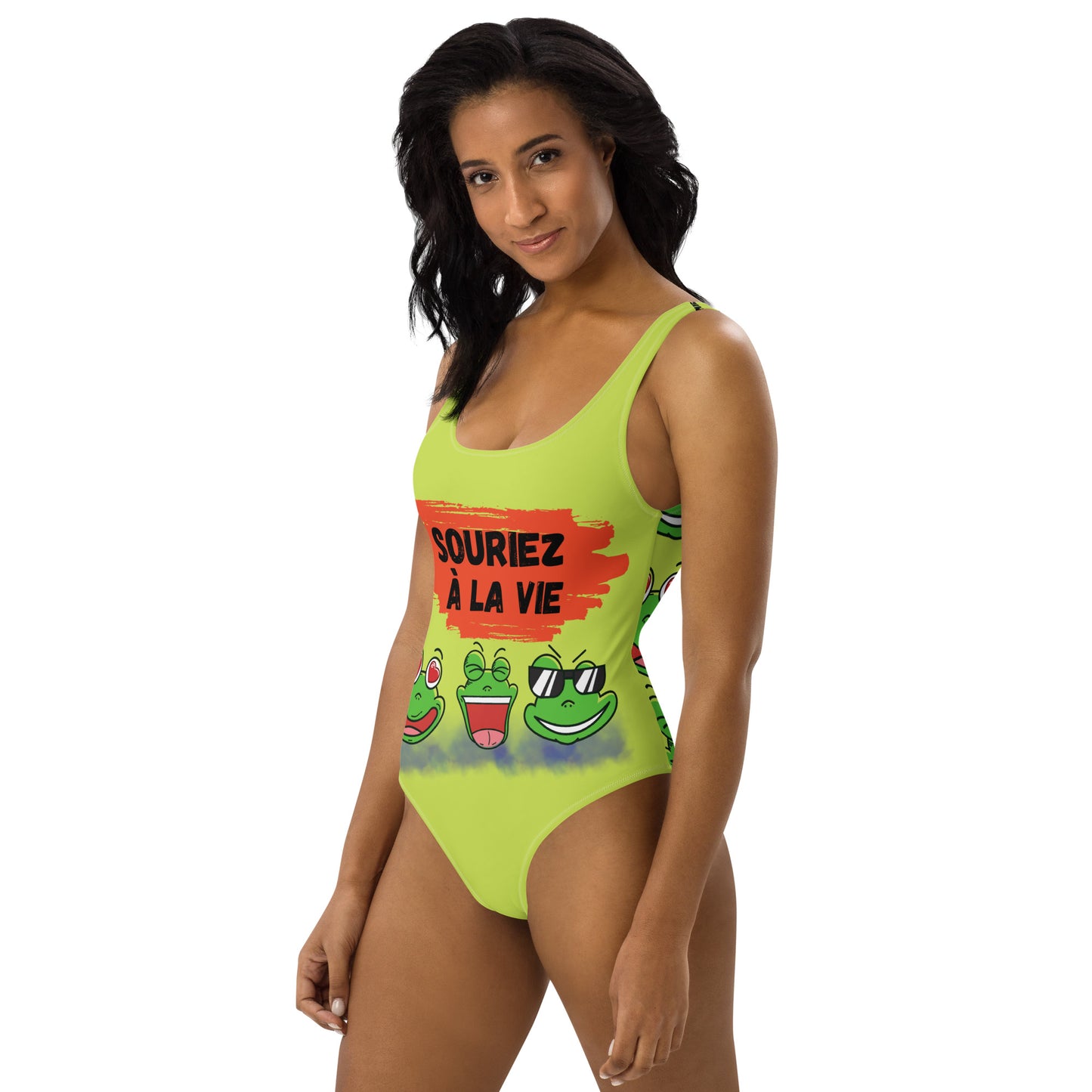 Maillot de Bain 1 Pièce "Souriez à la vie 3 grenouilles" fond vert anis