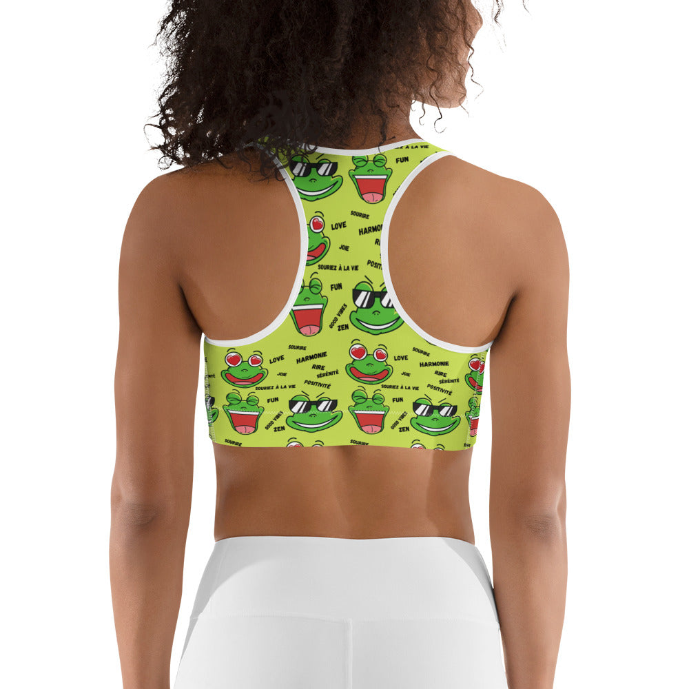 Brassière de Sport Grenouilles amusantes "Souriez à la Vie" - Miss Didine fond vert anis