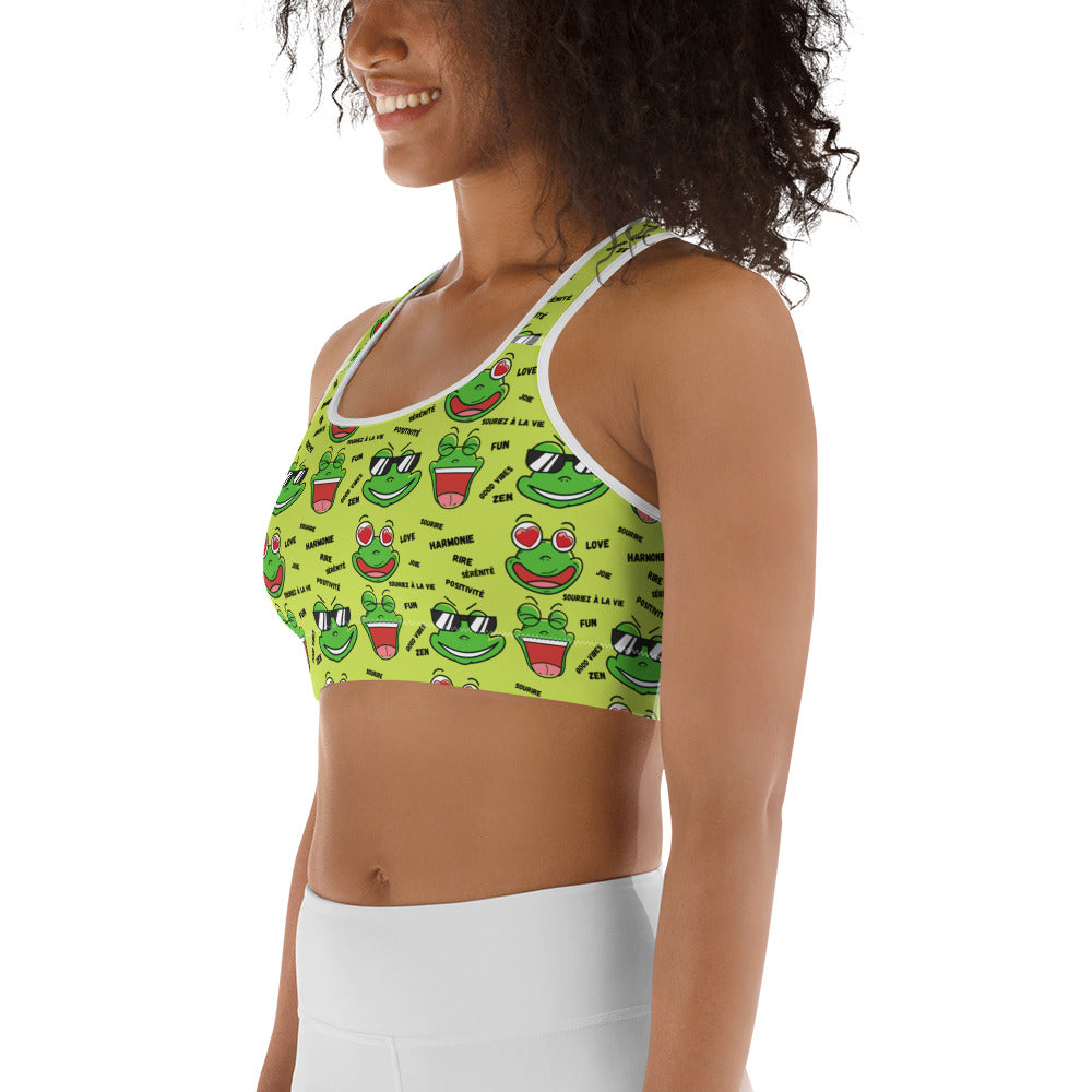 Brassière de Sport Grenouilles amusantes "Souriez à la Vie" - Miss Didine fond vert anis