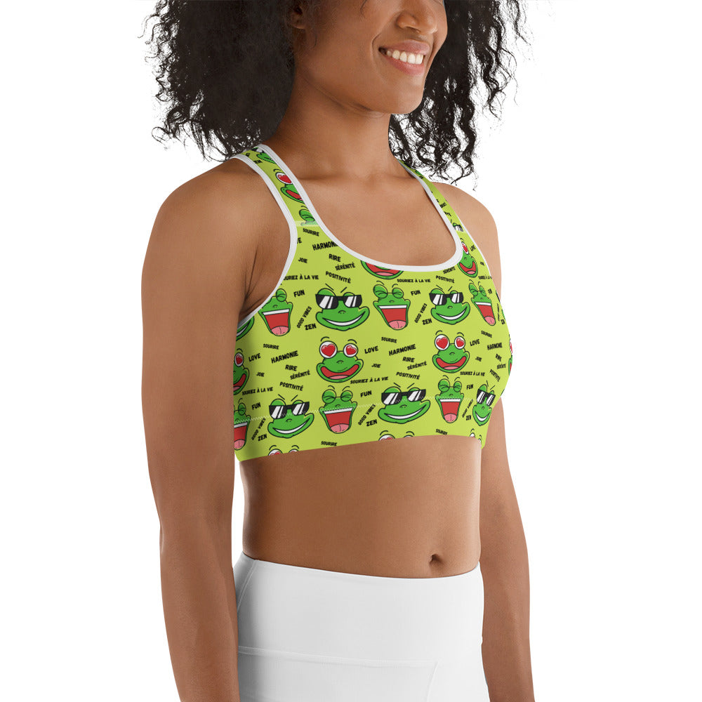 Brassière de Sport Grenouilles amusantes "Souriez à la Vie" - Miss Didine fond vert anis